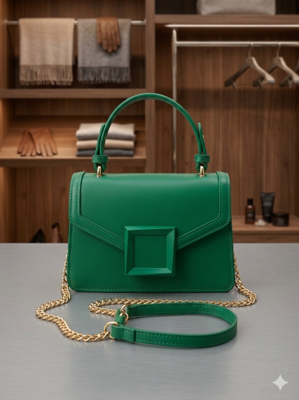 New Green Structured Top-Handle Bag with Gold Chain